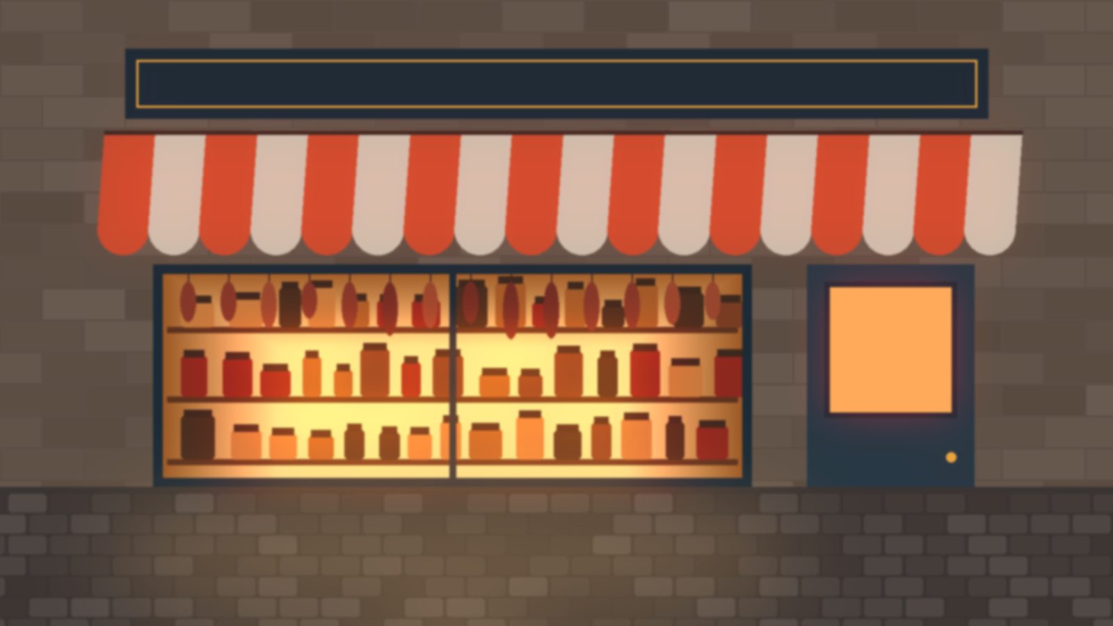 Devanture éclairée d’une petite boutique de quartier avec son store rayé, à la tombée du jour
